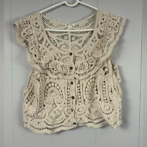 Ultra Pink Ivory Crochet Knit Button Cardigan Large Boho Beach Summer Cottage